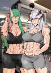  2girls a_lailai_lailai abs arknights belly belly_grab breasts gym gym_shorts highres horns hoshiguma_(arknights) multiple_girls muscular muscular_female saria_(arknights) shorts smell sports_bra sweat sweatdrop weight_conscious 