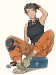  1girl ace_combat ace_combat_7 arm_up avril_mead bare_arms black_hair black_tank_top commentary hand_on_own_head headphones headphones_around_neck holding holding_wrench knee_brace looking_to_the_side magobohe parted_lips shoes short_hair sitting tank_top tattoo tomboy toolbox tools twitter_username wavy_hair wrench yellow_eyes 