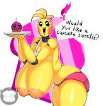  animatronic anthro areola avian beakless bib big_breasts bird black_sclera breasts chicken clothing cupcake dialogue eyelashes female five_nights_at_freddy&#039;s five_nights_at_freddy&#039;s_2 food galliform gallus_(genus) head_feathers head_tuft holding_plate huge_breasts machine mostly_nude nipples open_mouth orange_areola orange_nipples panties phasianid pink_background pink_clothing pink_panties pink_underwear robot rosy_cheeks scottgames simple_background solo text thick_thighs toy_chica_(fnaf) tuft underwear white_background white_eyes wide_hips yellow_body ze_blackball.d 
