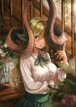  159cm 1girl animal_ears blurry blurry_foreground breasts brown_horns flower glan_(159cm) green_hair green_skirt hair_over_eyes horns index_finger_raised indoors large_breasts long_hair long_sleeves monster_girl original shirt skirt solo stairs white_shirt 