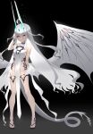  1girl absurdres bare_shoulders breasts dragon_wings dress fate/grand_order fate_(series) forked_eyebrows full_body highres horns long_hair looking_at_viewer melusine_(fate) melusine_(final_ascension)_(fate) pelvic_curtain sandals sidelocks small_breasts solo tail thighlet white_dress white_hair wings yellow_eyes yuniyuni 
