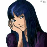  1girl blue_eyes blue_hair hands_on_own_face happy itou_junji_(style) junji_ito_collection kawakami_tomie long_hair model mole mole_under_eye non-web_source portrait purple_shirt self-upload shirt signature smile solo tomie white_background yatsuoshi_53 yuri 