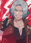  1boy black_shirt blue_eyes coat dante_(devil_may_cry) devil_may_cry_(series) devil_may_cry_5 fingerless_gloves gloves looking_to_the_side pointing pointing_up red_background red_coat shirt smile white_hair 