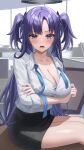  1girl absurdres arms_under_breasts black_halo black_skirt blue_archive blue_eyes blue_hair blurry blurry_background blush breasts cleavage collarbone collared_shirt commentary_request crossed_arms halo highres indoors large_breasts long_hair long_sleeves looking_at_viewer mechanical_halo mella_(mell_a12) office open_mouth parted_bangs parted_lips pencil_skirt shirt shirt_tucked_in sitting sitting_on_object skirt sleeves_rolled_up solo triangle_hair_ornament two_side_up v-shaped_eyebrows white_shirt yuuka_(blue_archive) 