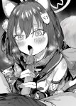  013_(hamsasuke) 1boy 1girl animal_ear_fluff animal_ears blue_archive blush erection fellatio fox_ears fox_girl fox_tail gloves greyscale hair_between_eyes hair_ornament halo handjob hetero highres izuna_(blue_archive) licking licking_penis monochrome open_mouth oral partially_fingerless_gloves penis pov solo_focus tail tongue tongue_out two-handed_handjob uncensored 