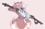  1girl animal_ears cat_ears dark-skinned_female dark_skin dress facepaint final_fantasy final_fantasy_xiv highres holding holding_sword holding_weapon jacket lips loftyanchor looking_to_the_side medium_hair miqo&#039;te pink_hair pink_jacket sheath simple_background smile solo sparkle sword unsheathing upper_body weapon white_background white_dress yellow_eyes 