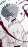  1boy black_choker blood blurry blurry_background blurry_foreground chain choker closed_mouth from_behind hair_between_eyes highres looking_at_viewer looking_back male_focus nagisa_kaworu naijarski neon_genesis_evangelion profile red_eyes shirt simple_background solo upper_body white_shirt 