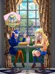  1boy 2girls asymmetrical_hair blazer blonde_hair blue_eyes blue_hair blue_scrunchie blue_skirt blush cacodemon cardigan chair cloud cloudy_sky commission crossover curtains cyclops day demon_horns doom_(series) doomguy food galko green_eyes gyaru hair_bun hair_ornament hair_scrunchie hand_on_own_chin hands_up heart highres horns ice_cream indoors jacket kneehighs loafers long_hair long_sleeves mark_of_the_doom_slayer monster_girl multiple_girls multiple_horns one-eyed one_eye_closed open_mouth oshiete!_galko-chan pantyhose personification pleated_skirt pointy_ears praetor_suit sandwich school_uniform scrunchie shoes single_side_bun sitting skirt sky socks substance20 sundae table utensil_in_mouth window 