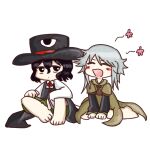  2others ascot barefoot black_eyes black_hair black_sleeves blush_stickers brown_ascot brown_coat check_commentary chikafumikou coat commentary commentary_request enraku_tsubakura grey_hair hakama hakama_skirt hands_on_own_knees happy hat houlen_yabusame japanese_clothes large_hat layered_sleeves len&#039;en long_sleeves looking_at_another multiple_others open_mouth red_ribbon ribbon short_hair short_hair_with_long_locks short_over_long_sleeves short_sleeves sitting sketch skirt sleeveless_coat smile tabi top_hat wariza white_sleeves wide_sleeves 