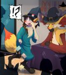  anthro black_body black_fur braixen card cheek_tuft chest_tuft closed_smile clothing delphox digitigrade dipstick_tail duo_focus ear_growth emanata facial_tuft fangs fur fur_growth furniture generation_6_pokemon green_eyes group growth hat headgear headwear human human_to_anthro inner_ear_fluff inside looking_at_another mammal markings mid_transformation mouth_closed nintendo open_mouth pointy_hat pokemon pokemon_(species) red_body red_eyes red_fur red_nose shaded shrinking silhouette size_transformation smile snout species_transformation table tail tail_markings tarot_card teeth tongue toshabi transformation tuft white_body white_fur yellow_body yellow_fur 