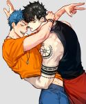  2boys arm_tattoo bandaid bandaid_on_arm black_hair black_tank_top blue_hair blue_pants copyright_request ear_piercing grey_background hand_under_clothes hand_under_shirt hug jewelry jita_(jita5max) knees_out_of_frame multiple_boys multiple_piercings necklace open_mouth orange_eyes orange_shirt pants piercing red_pants shirt tank_top tattoo tongue tongue_out undercut upper_body yaoi 