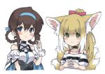  2girls alternate_hairstyle animal_ear_fluff animal_ears arknights bare_shoulders black_collar blonde_hair blue_eyes blue_hairband blush braid braided_hair_rings brown_hair closed_mouth collar collarbone colored_tips commentary_request cosplay costume_switch dress fox_ears fox_girl fox_tail frilled_sleeves frills green_eyes hair_rings hairband hairstyle_switch highres idolmaster idolmaster_million_live! kitsune kyuubi long_hair looking_at_viewer multicolored_hair multiple_girls multiple_tails oripathy_lesion_(arknights) satake_minako semi_colon short_hair short_sleeves simple_background single_wrist_cuff steepled_fingers suzuran_(arknights) tail twin_braids upper_body white_background white_hair wrist_cuffs 