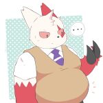  2022 anthro belly big_belly biped blush bodily_fluids bottomwear claws clothed clothing digital_media_(artwork) generation_3_pokemon hi_res jimmyzangoo male necktie nintendo pokemon pokemon_(species) simple_background solo sweat sweatdrop thick_thighs topwear vest zangoose 