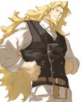  1boy amatuki beard belt blonde_hair dress_shirt facial_hair guilty_gear hands_on_own_hips highres leo_whitefang long_hair male_focus one_eye_closed shirt sleeveless sleeveless_jacket solo white_background zipper 