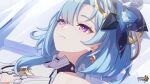  1girl aged_up bare_shoulders blue_hair breasts chinese_commentary cleavage close-up earrings griseo highres honkai_(series) honkai_impact_3rd jewelry light_blue_hair logo lying official_art official_wallpaper on_back parted_lips purple_eyes solo spoilers white_background 