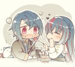  1boy 1girl alcryst_(fire_emblem) alear_(female)_(fire_emblem) alear_(fire_emblem) blue_hair blush chibi closed_eyes drink fire_emblem fire_emblem_engage food glass hair_ornament hairclip long_hair looking_at_another open_mouth red_eyes red_hair short_hair simple_background skt_s sommie_(fire_emblem) tiara 
