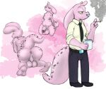  against_surface against_wall alien anthro anus balls big_balls business_suit butt clothing freckles genitals hebinoashura_(artist) hi_res kneeling lizard male nipples painting penis piercing pink_(hebinoashura) pinup pose reptile scalie smoking solo spread_butt spreading suit 