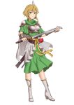  1girl armor blonde_hair breastplate dress earrings ebinku fire_emblem fire_emblem:_genealogy_of_the_holy_war fire_emblem:_thracia_776 green_dress green_eyes highres holding holding_sword holding_weapon jewelry lands_sword looking_at_viewer nanna_(fire_emblem) pauldrons short_hair shoulder_armor sword weapon white_footwear wing_hair_ornament 