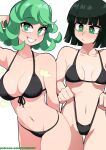  2girls absurdres alternate_breast_size bare_shoulders bikini black_bikini blunt_bangs blunt_ends breast_size_switch breasts breasts_apart cameltoe collarbone dashi_(dashiart) flipped_hair foreshortening front-tie_bikini_top front-tie_top frontal_wedgie fubuki_(one-punch_man) green_eyes green_hair grin highres large_breasts leaning_forward leaning_to_the_side looking_at_another looking_at_viewer medium_breasts multiple_girls navel one-punch_man patreon_username short_hair siblings simple_background sisters smile string_bikini swimsuit tatsumaki thigh_gap thighs watermark web_address 