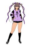  1girl black_footwear black_shorts black_socks blush closed_mouth hair_ornament hand_on_own_hip highres hood hoodie long_hair long_sleeves looking_at_viewer lovelovemaid mizuki_yukikaze purple_eyes purple_hair purple_hoodie shoes short_shorts shorts simple_background smile sneakers socks solo taimanin_(series) taimanin_yukikaze very_long_hair white_background 