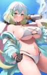  1girl bikini black_gloves blue_sky blush breasts cloud cupitan_(granblue_fantasy) cupitan_(summer)_(granblue_fantasy) day gloves gradient_hair granblue_fantasy green_eyes hair_between_eyes hair_ornament highres large_breasts long_hair looking_at_viewer low_twintails multicolored_hair navel outdoors pyonsan sky smile solo swimsuit twintails very_long_hair white_bikini 
