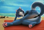  anthro beach blue_body blue_eyes blue_fur blue_hair bottomwear breasts butt canid canine claws clothing day detailed_background feet female fox fur hair hi_res looking_at_viewer mammal nick_fern pawpads paws pink_inner_ear pink_pawpads resting sea seaside smile solo summer tail water white_body white_fur 
