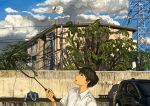  1boy badminton badminton_racket bag black_hair building car cloud highres male_focus minahamu motor_vehicle original outdoors racket school_bag short_hair shuttlecock solo transmission_tower tree 