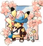 :d animal_focus backpack bag blue_headwear blue_sky border cloud colored_skin commentary_request flower hanabusaoekaki hat highres no_humans pikachu pink_flower pokemon pokemon_(creature) shirt shoes sky smile solid_oval_eyes tail togepi white_border white_shirt yellow_skin 