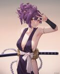  1girl armpits bare_shoulders breasts chilakkk cleavage eyeliner groin highres jigokuraku katana looking_at_viewer makeup ponytail purple_hair red_eyes revealing_clothes sash sheath sheathed sideboob smile solo sword w weapon yuzuriha_(jigokuraku) 