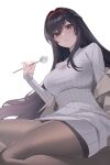  1girl black_hair breasts commission hamidashi_creative highres kamakura_shio kaneko_(bblogtinhan) large_breasts long_hair long_sleeves looking_at_viewer pantyhose pixiv_commission solo thighs 