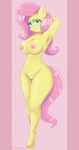  anthro big_breasts breasts butt equid equine female fluttershy_(mlp) friendship_is_magic genitals hair hasbro hi_res horse looking_at_viewer maldoando mammal my_little_pony nipples nude pink_hair pony pussy simple_background smile solo thick_thighs yellow_body 