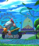  amusement_park bird blue_sky cloud colored_skin creature highres kirby kirby_(series) kirby_and_the_forgotten_land leaf leo_taranza no_humans pink_skin rocket roller_coaster scenery sky stairs tongue tongue_out tree wondog wondy 