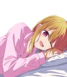  1girl blonde_hair collared_shirt commentary dress_shirt hair_between_eyes highres hoshino_ruby kusana_(kusana47454281) long_hair long_sleeves looking_at_viewer lying no_pupils on_bed on_side one_eye_closed open_mouth oshi_no_ko pajamas pillow pink_eyes pink_pajamas pink_shirt shirt sidelocks simple_background solo upper_body white_background 