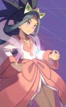  1girl absurdres breasts cleavage collarbone cowboy_shot crystal dark-skinned_female dark_skin dress highres iris_(pokemon) pokemon pokemon_(game) pokemon_bw2 ponytail purple_background small_breasts solo tiara tyaui_(xjju4435) v-neck 