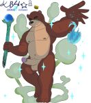  2023 absurd_res alpha_channel anthro barazoku bear belly big_penis brown_bear brown_body brown_fur crown elemental_manipulation erection facial_piercing fire fire_manipulation fur genitals green_eyes grizzly_bear headgear hi_res kbh_yeen magic magician male mammal musclegut nose_piercing nude penis piercing solo sparkles steam ursine 