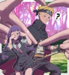  ? ariamikukanzaki black_cloak black_dress black_pants blonde_hair blue_eyes boruto:_naruto_next_generations braid cloak collared_shirt dress forehead_protector heart heart_hands highres kakei_sumire konohagakure_symbol long_hair naruto_(series) necktie one_eye_closed outdoors pants purple_eyes purple_hair red_necktie shirt short_hair spoken_question_mark sword tree twin_braids uzumaki_boruto weapon 