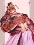  1boy abs absurdres bara bare_pectorals berrystrawmilk black_headwear claws crave_saga furry furry_male hair_ornament highres korean_text large_pectorals looking_at_viewer male_focus orange_eyes orange_fur pectorals signature solo striped thick_eyebrows tiger_boy yata_no_kagami_(crave_saga) 