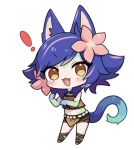  ! 1girl :d alternate_tail animal_ears blue_skin brown_eyes cat_ears cat_tail chibi colored_skin crop_top dokumi fang flower full_body hair_flower hair_ornament kemonomimi_mode league_of_legends multicolored_hair navel neeko_(league_of_legends) open_mouth pink_flower simple_background smile solo standing stomach tail two-tone_hair white_background 