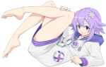  1girl bare_legs blue_eyes choujigen_game_neptune full_body grin hood hood_down hoodie long_sleeves lying makino_harumaki medium_hair neptune_(neptune_series) neptune_(series) on_back purple_hair sidelocks simple_background smile solo white_background 