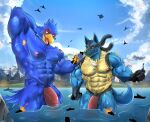  2023 absurd_res aircraft airplane anthro avian balls big_penis bird blue_body blue_fur canid canine city destruction duo falco_lombardi flaccid fur generation_4_pokemon genitals green_eyes hi_res jet lucario macro male male/male mammal muscular muscular_male nintendo pecs penis pokemon pokemon_(species) red_eyes sea ship spikes spikes_(anatomy) star_fox vehicle water watercraft zupat 