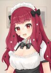  1girl :d absurdres alternate_costume bangs black_bow black_bowtie blush bow bowtie breasts cleavage commentary enmaided fire_emblem fire_emblem_engage hair_bow highres keaworks large_breasts long_hair looking_at_viewer maid maid_headdress open_mouth puffy_short_sleeves puffy_sleeves red_eyes red_hair shirt short_sleeves smile solo upper_body white_shirt yunaka_(fire_emblem) 