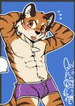  abs absurd_res american_opossum anthro athletic belly blep blue_background blush bulge clothed clothing felid fur gesture hands_behind_head hi_res lagomorph leporid male mammal marsupial mischievous mischievous_smile mostly_nude muscular orange_body orange_fur pantherine pecs purple_clothing purple_underwear rabbit red_(i_think_i_like_you) saku1saya simple_background sky_(i_think_i_like_you) solo striped_body striped_fur stripes surprise surprised_expression tan_belly tan_body tan_fur thumbs_up tiger tongue tongue_out underwear underwear_only zeb_(i_think_i_like_you) 