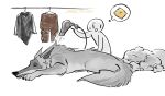  ambiguous_gender anon baco3work canid canine canis death_(puss_in_boots) dreamworks dryer duo feral feralized fluffy hair_dryer holding_object human male mammal nude puss_in_boots_(dreamworks) signature simple_background sleeping white_background wolf 