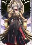  1girl black_dress breasts collar crossed_legs crown dress english_commentary fire_emblem fire_emblem_heroes gold_trim grey_hair high_heels highres ihsnet looking_at_viewer official_alternate_costume official_alternate_hairstyle red_eyes short_hair_with_long_locks sitting small_breasts solo throne veronica_(fire_emblem) watermark wings 
