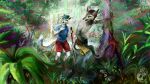  16:9 4k absurd_res anthro colorful colorful_background detailed detailed_background duo felid forest forest_background heterochromia hi_res hiking male male/male mammal nature nature_background painterly plant rainforest saber-toothed_tiger sergal smile sydney_onmars tree walking_stick widescreen 