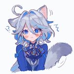  !? 1girl :&lt; ^^^ ahoge animal_ears ascot blue_ascot blue_eyes blue_gemstone blue_hair blue_jacket blue_pupils blush brooch cat_ears cat_tail closed_mouth colored_inner_hair commentary cropped_torso drop-shaped_pupils ear_wiggle extra_ears film_grain furina_(genshin_impact) gem genshin_impact grey_hair grey_tail hair_between_eyes hair_intakes heterochromia highres jacket jewelry kemonomimi_mode long_hair looking_at_viewer mismatched_pupils motion_lines multicolored_hair no_headwear nopnop_chan open_clothes open_jacket simple_background solo straight-on symbol-only_commentary tail upper_body wavy_hair white_background 