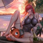  1girl bare_legs beach beach_chair black_one-piece_swimsuit bottle breasts chainsaw chainsaw_man cigarette cocktail_glass cup drinking_glass fangs highres holding holding_cigarette large_breasts liang_xing makima_(chainsaw_man) off_shoulder one-piece_swimsuit open_clothes open_shirt orange_eyes palm_tree pochita_(chainsaw_man) red_hair ringed_eyes sunset swimsuit tree wine_bottle 
