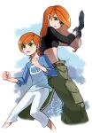  2girls belt ben_10 black_gloves cargo_pants clenched_hands crop_top crossover fighting_stance gloves green_eyes gwendolyn_tennyson hand_up highres kim_possible kimberly_ann_possible long_hair long_sleeves midriff multiple_girls no_feet orange_hair pants parted_lips shirt trait_connection youzaiyouzai112 