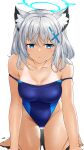  1girl absurdres all_fours animal_ear_fluff animal_ears bangs black_one-piece_swimsuit blue_archive blue_eyes breasts clothes_pull collarbone commentary_request competition_swimsuit covered_navel cross_hair_ornament extra_ears grey_hair hair_ornament halo highres looking_at_viewer low_ponytail medium_breasts medium_hair mismatched_pupils multicolored_clothes multicolored_swimsuit one-piece_swimsuit one-piece_swimsuit_pull one-piece_tan oryou_gunsou shiroko_(blue_archive) shiroko_(swimsuit)_(blue_archive) simple_background solo swimsuit tan tanlines white_background wolf_ears 