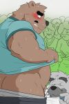 2023 anthro bear belly blush bodily_fluids brown_body brown_fur butt clothing doctor facial_hair fur genitals grey_body grey_fur group hi_res humanoid_hands kemono male mammal mature_male mustache overweight overweight_male penis shibatanukiti shirt small_penis sweat topwear 